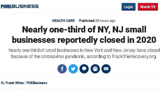 △福克斯新闻报道，受疫情影响，美国纽约州和新泽西州目前已有近三分之一的小企业关门