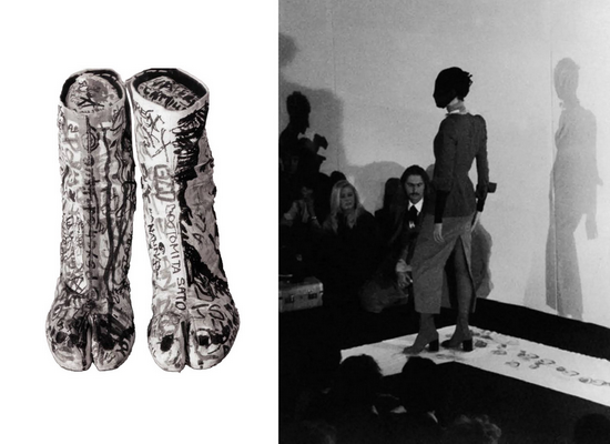 左:MARTIN MARGIELA 1990系列的涂鸦Tabi踝靴 右:MARTIN MARGIELA 1989春夏系列呈现的Tabi踝靴